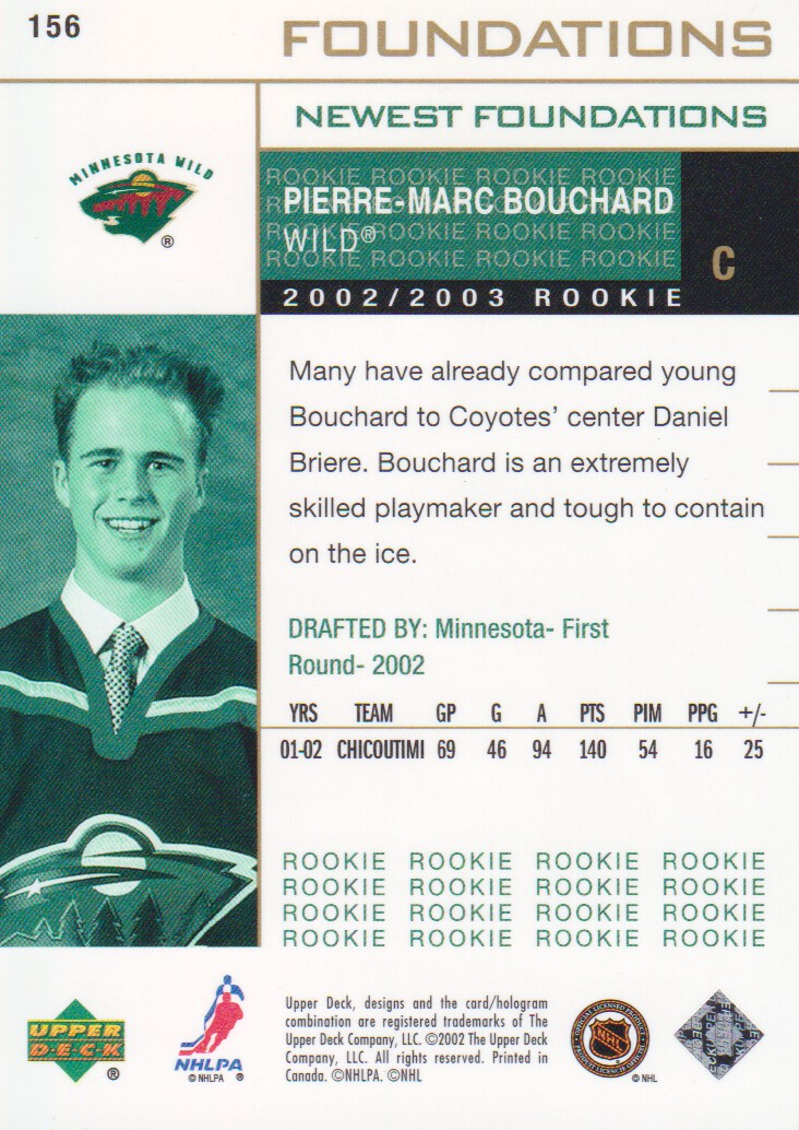 2002-03 Upper Deck Foundations #156 P-M Bouchard NF RC back image