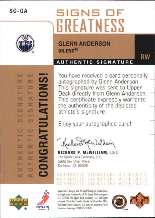 2002-03 Upper Deck Foundations Signs of Greatness #SGGA Glenn Anderson back image