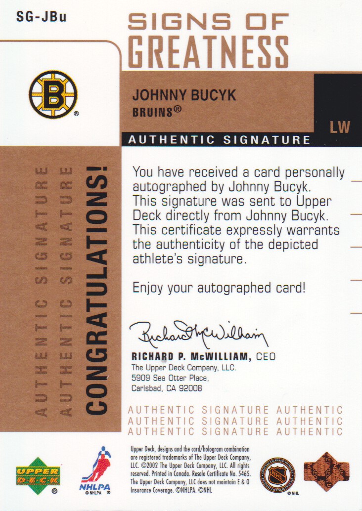 2002-03 Upper Deck Foundations Signs of Greatness #SGJBU Johnny Bucyk back image
