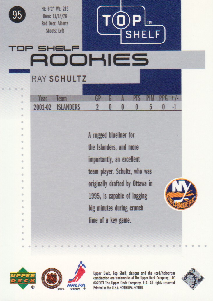 2002-03 UD Top Shelf #95 Ray Schultz RC back image