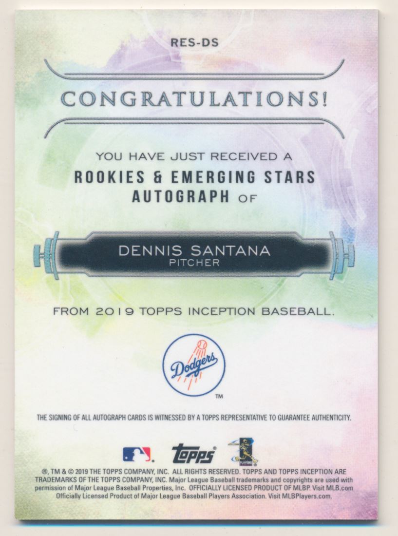 2019 Topps Inception Rookie and Emerging Stars Autographs #RESDS Dennis Santana/225 back image