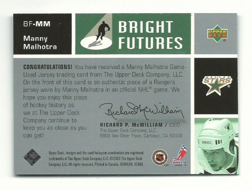 2002-03 Upper Deck Bright Futures Jerseys #MM Manny Malhotra back image