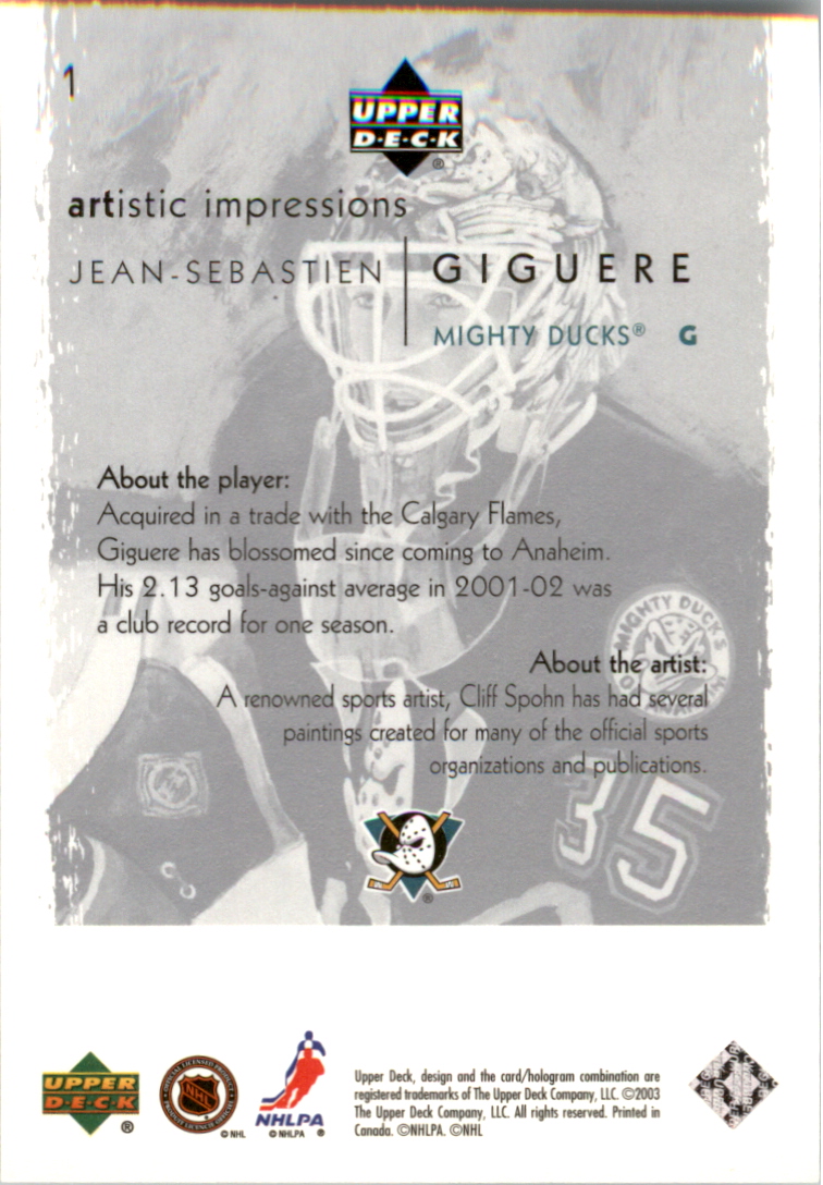 2002-03 UD Artistic Impressions UD Promos #1 Jean-Sebastien Giguere back image
