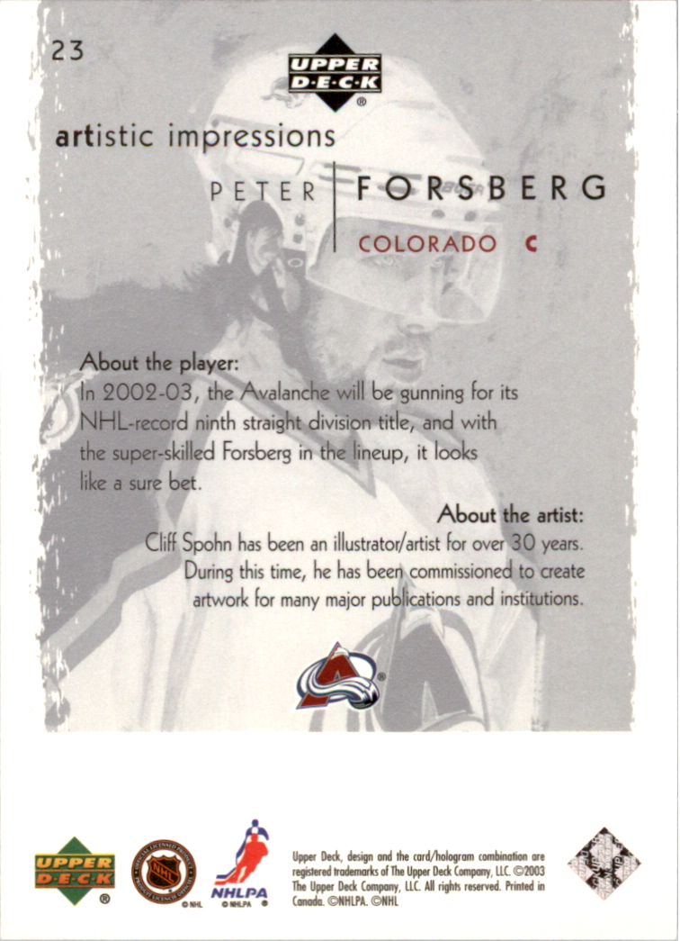 2002-03 UD Artistic Impressions UD Promos #23 Peter Forsberg back image