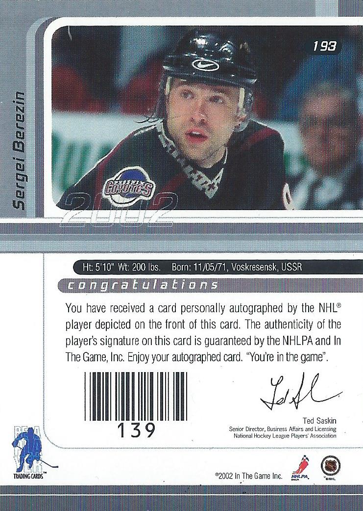 2002-03 BAP Signature Series Autograph Buybacks 2001 #193 Sergei Berezin back image