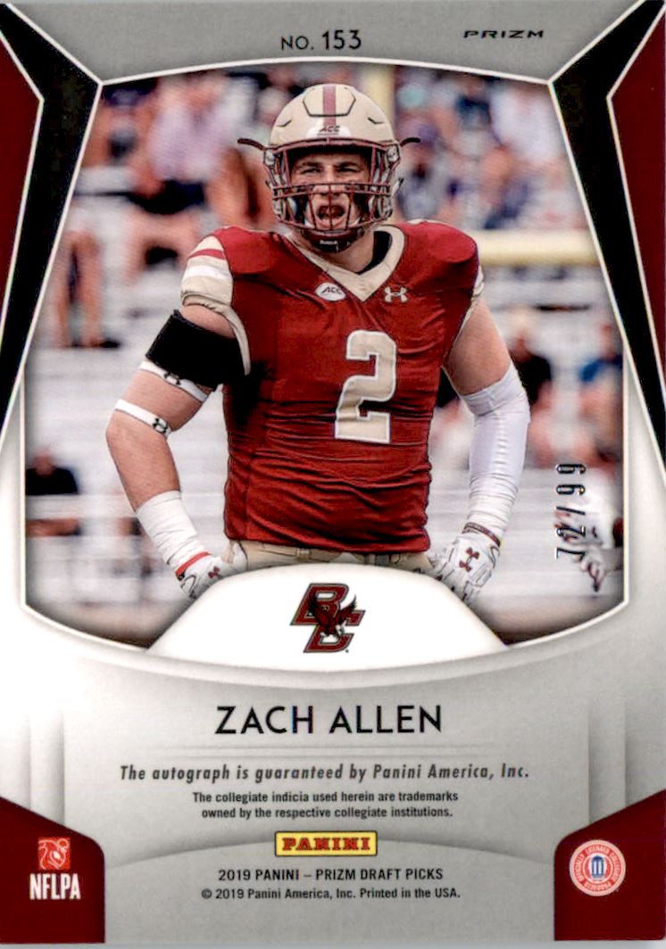2019 Panini Prizm Draft Picks Autograph Prizms Red White and Blue #153 Zach Allen/99