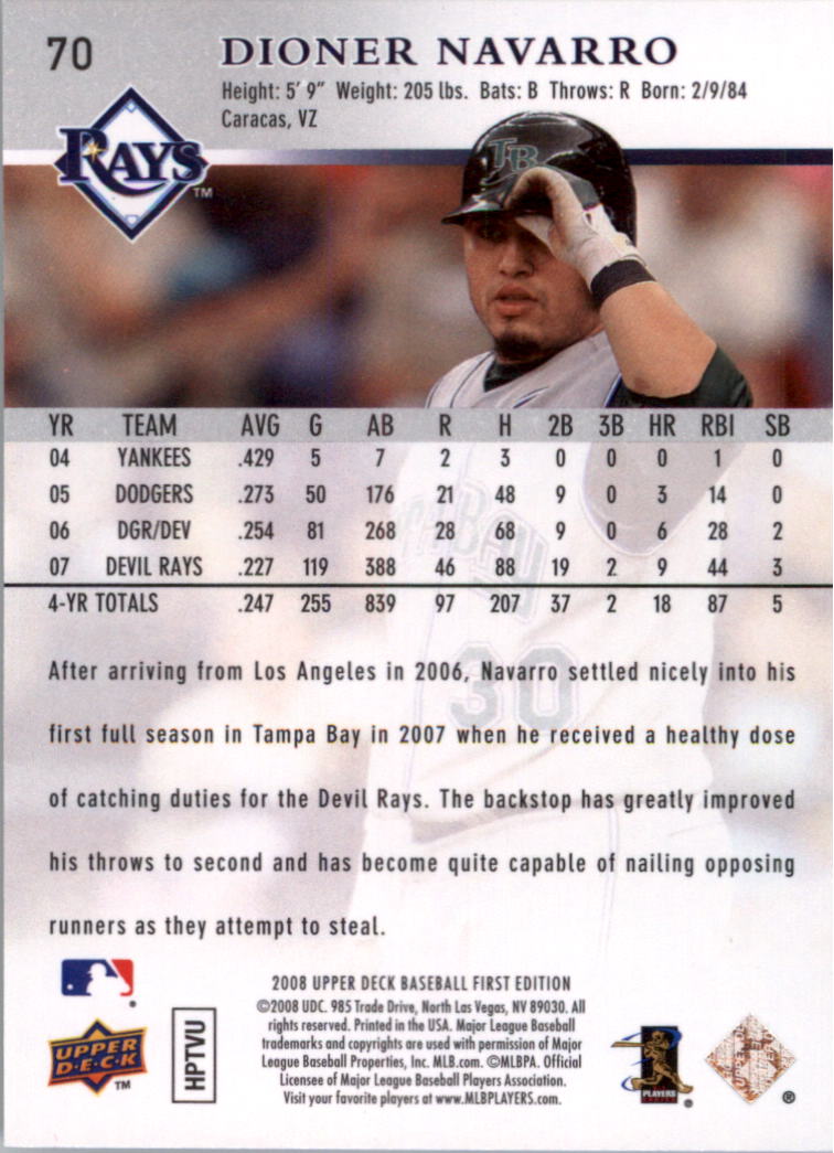 2008 Upper Deck First Edition Glossy #70 Dioner Navarro back image