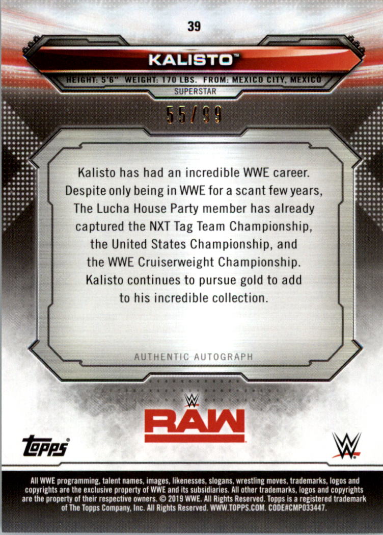 2019 Topps WWE RAW Blue #39 Kalisto back image
