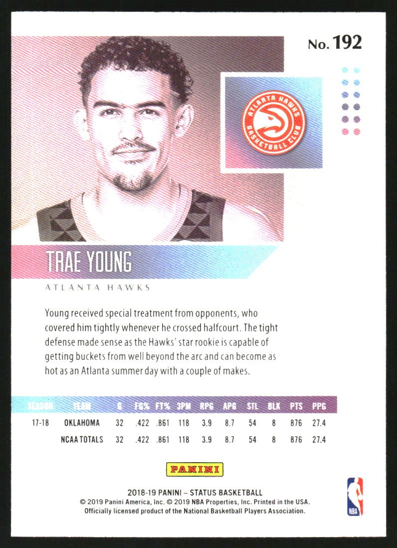 2018-19 Panini Status Purple #192 Trae Young