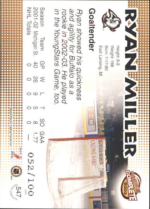 2002-03 Pacific Complete Red #547 Ryan Miller back image