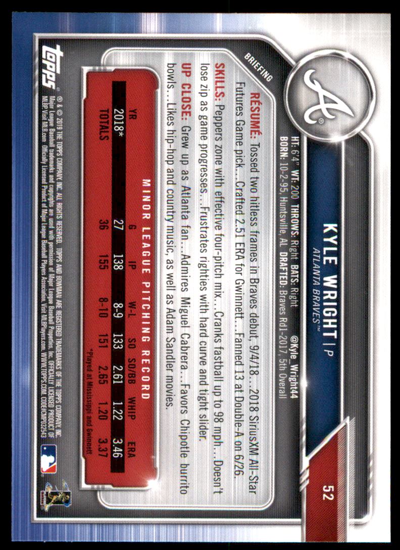 2019 Bowman #52 Kyle Wright RC back image