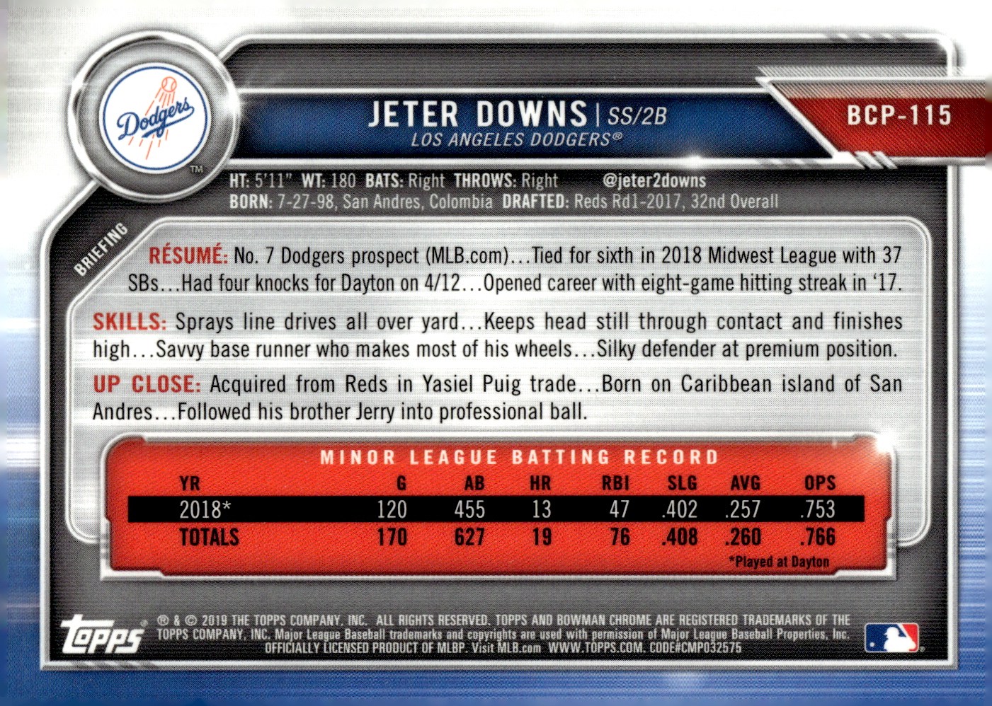 2019 Bowman Chrome Prospects #BCP115 Jeter Downs back image