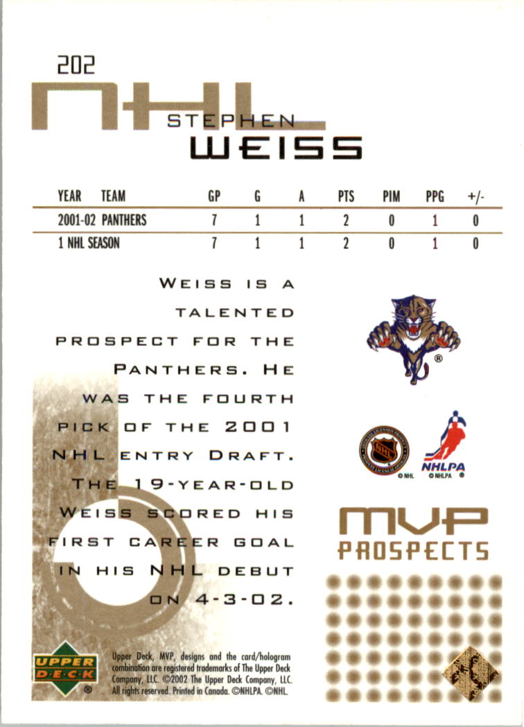2002-03 Upper Deck MVP Gold #202 Stephen Weiss back image