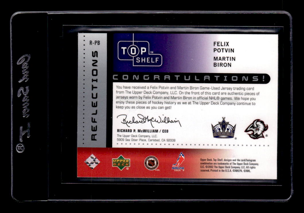 2002-03 UD Top Shelf Dual Player Jerseys #RPB Felix Potvin/Martin Biron back image