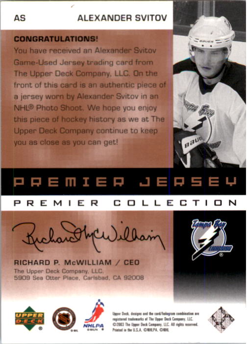 2002-03 UD Premier Collection Jerseys Bronze #AS Alexander Svitov back image