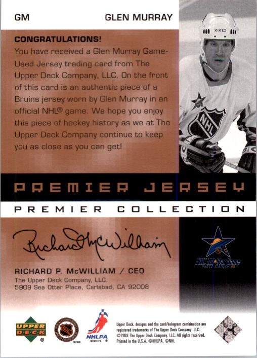 2002-03 UD Premier Collection Jerseys Bronze #GM Glen Murray back image