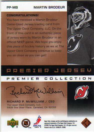 2002-03 UD Premier Collection Jerseys Bronze #MB Martin Brodeur back image