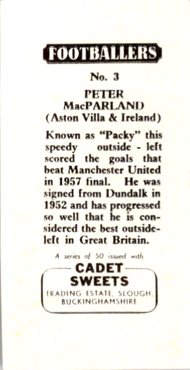 1958 Cadet Sweets Footballers #3 Peter MacParland UER/McParland back image