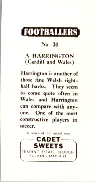 1958 Cadet Sweets Footballers #30 Alan Harrington back image