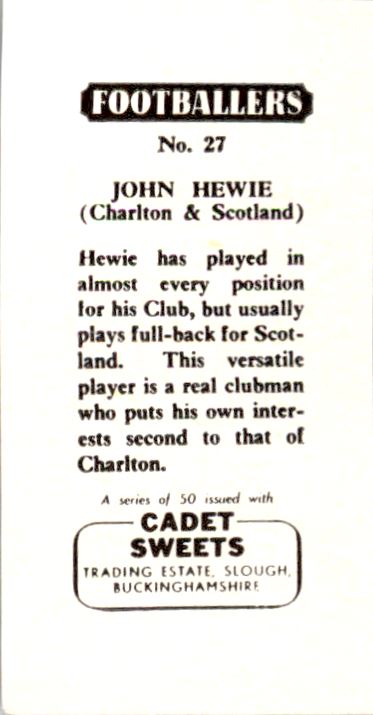 1958 Cadet Sweets Footballers #27 John Hewie back image