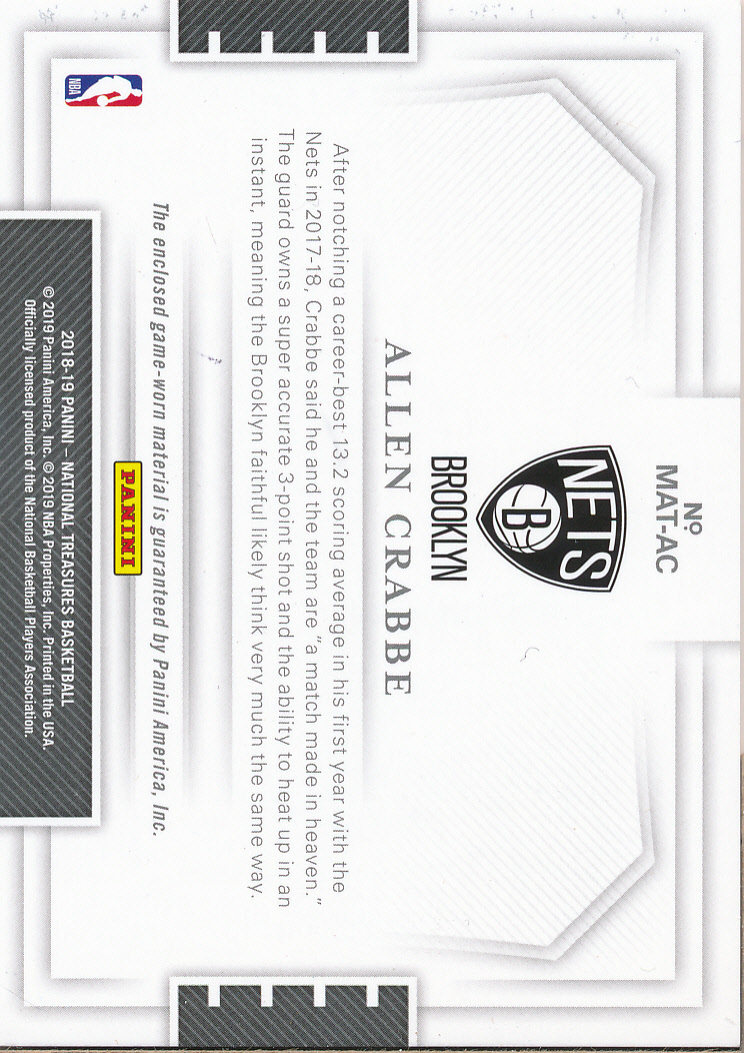 2018-19 Panini National Treasures Material Treasures #4 Allen Crabbe/99