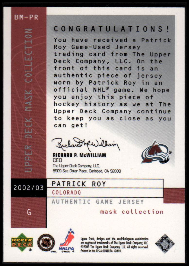 2002-03 UD Mask Collection Behind the Mask #BMPR Patrick Roy back image