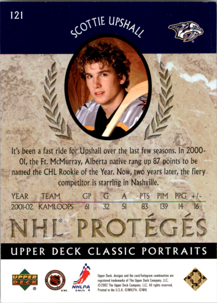 2002-03 Upper Deck Classic Portraits #121 Scottie Upshall RC back image