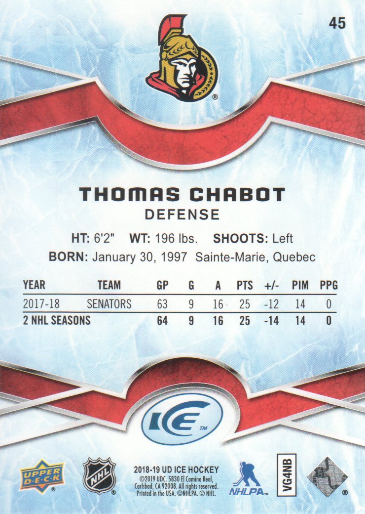 2018-19 Upper Deck Ice #45 Thomas Chabot back image