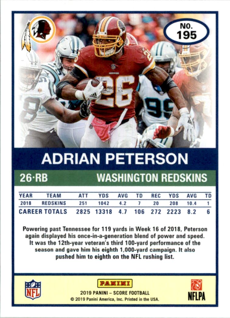 2019 Score Gold Zone #195 Adrian Peterson back image