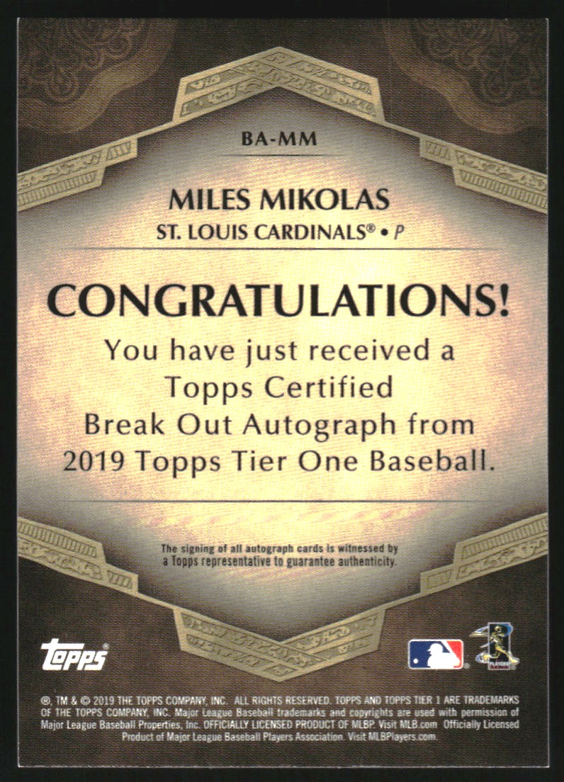 2019 Topps Tier One Break Out Autographs #BAMM Miles Mikolas/250