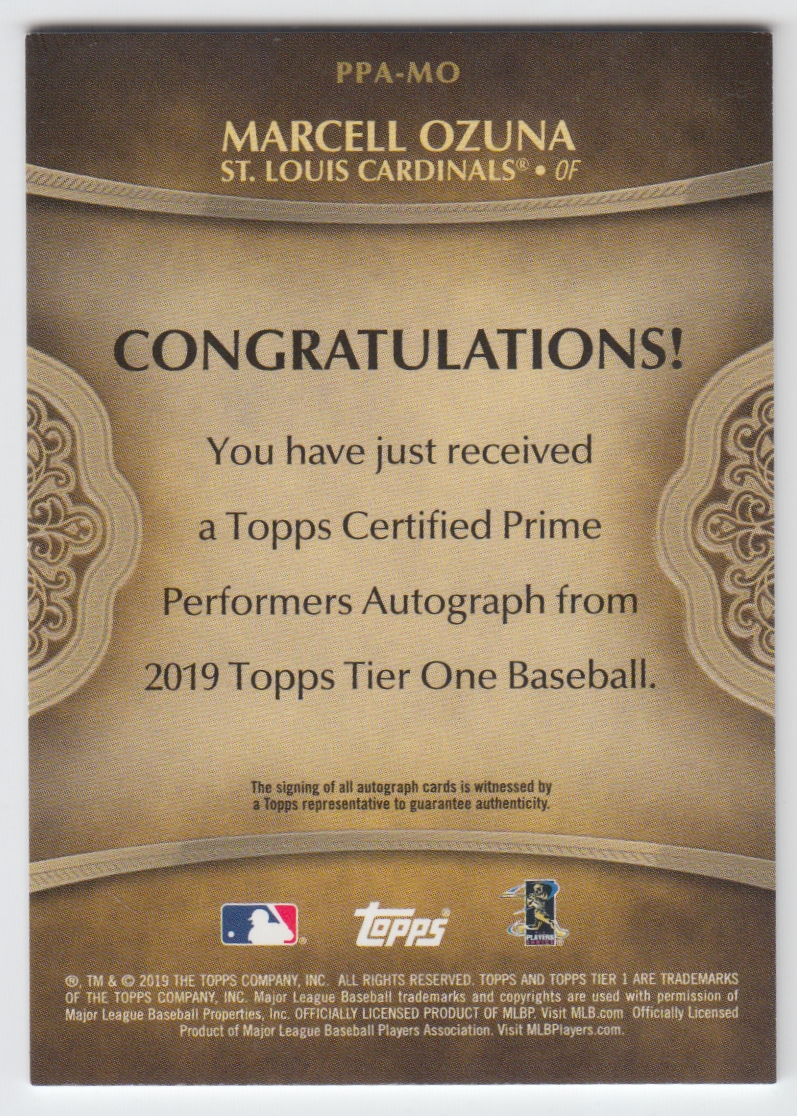 2019 Topps Tier One Prime Performers Autographs #PPAMO Marcell Ozuna/150 back image