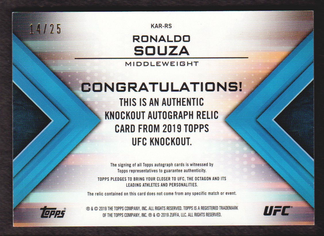 2019 Topps UFC Knockout Autographed Relics Purple #KARRS Jacare Souza back image