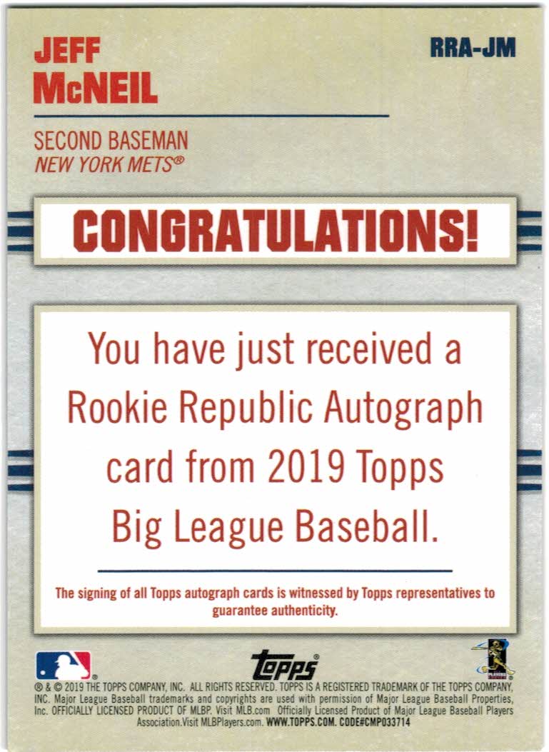 2019 Topps Big League Rookie Republic Autographs Gold #RRAJM Jeff McNeil -  NM-MT