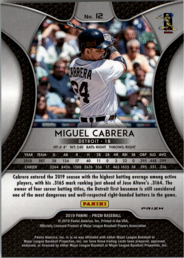 2019 Panini Prizm Prizms Hyper Green and Yellow #12 Miguel Cabrera back image