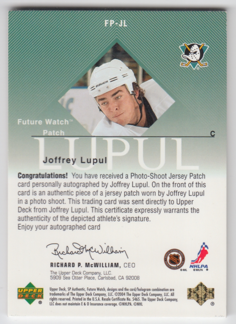2003-04 SP Authentic Signed Patches #JL Joffrey Lupul back image