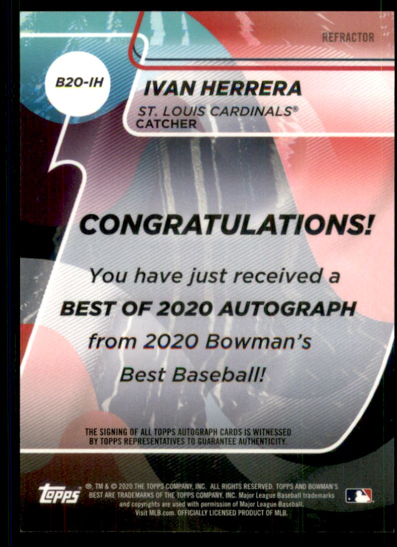 2020 Bowman's Best Best of '20 Autographs Refractors #B20IH Ivan Herrera back image