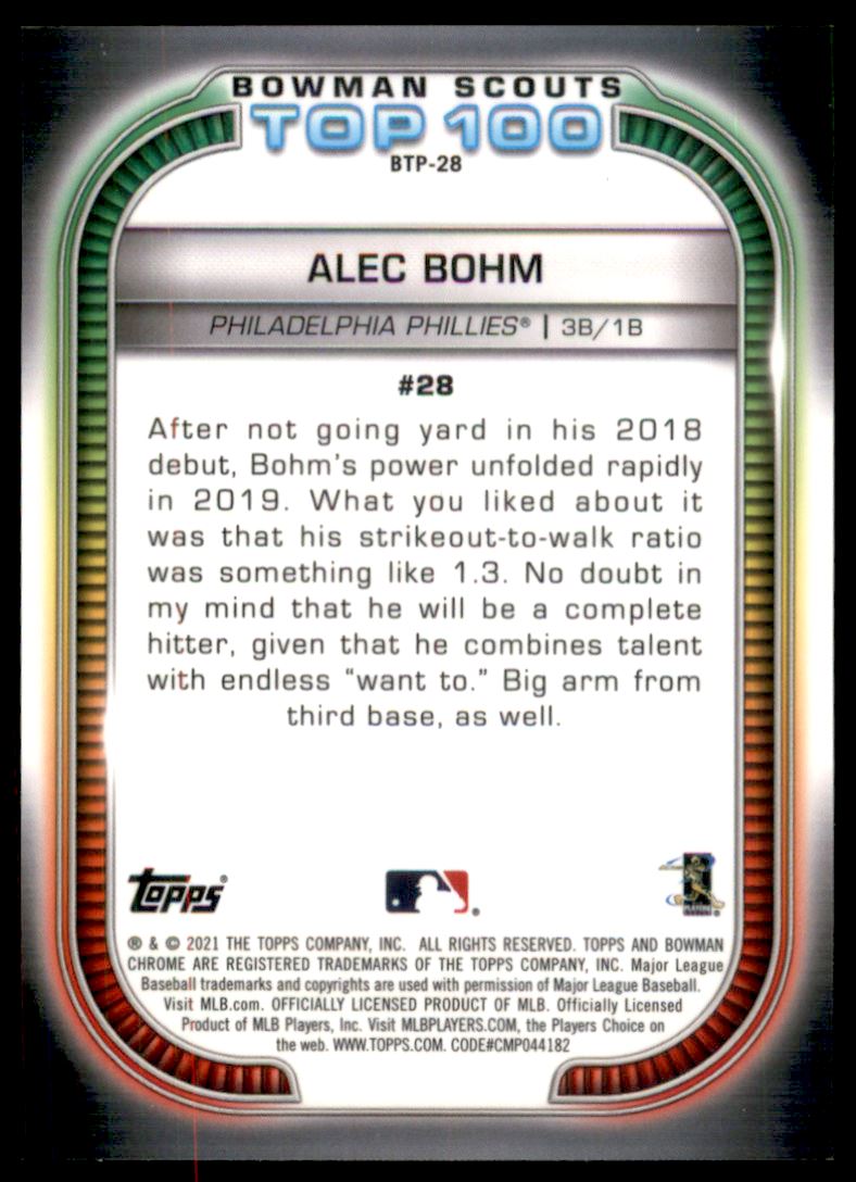 2021 Bowman Chrome Scouts Top 100 Aqua Refractors #BTP28 Alec Bohm