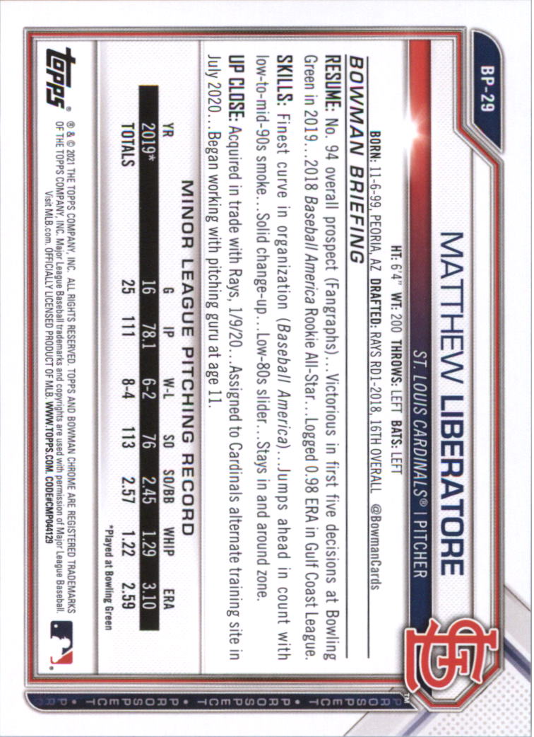 2021 Bowman Prospects Baseball Card Pick (Base) - Bild 59 von 299