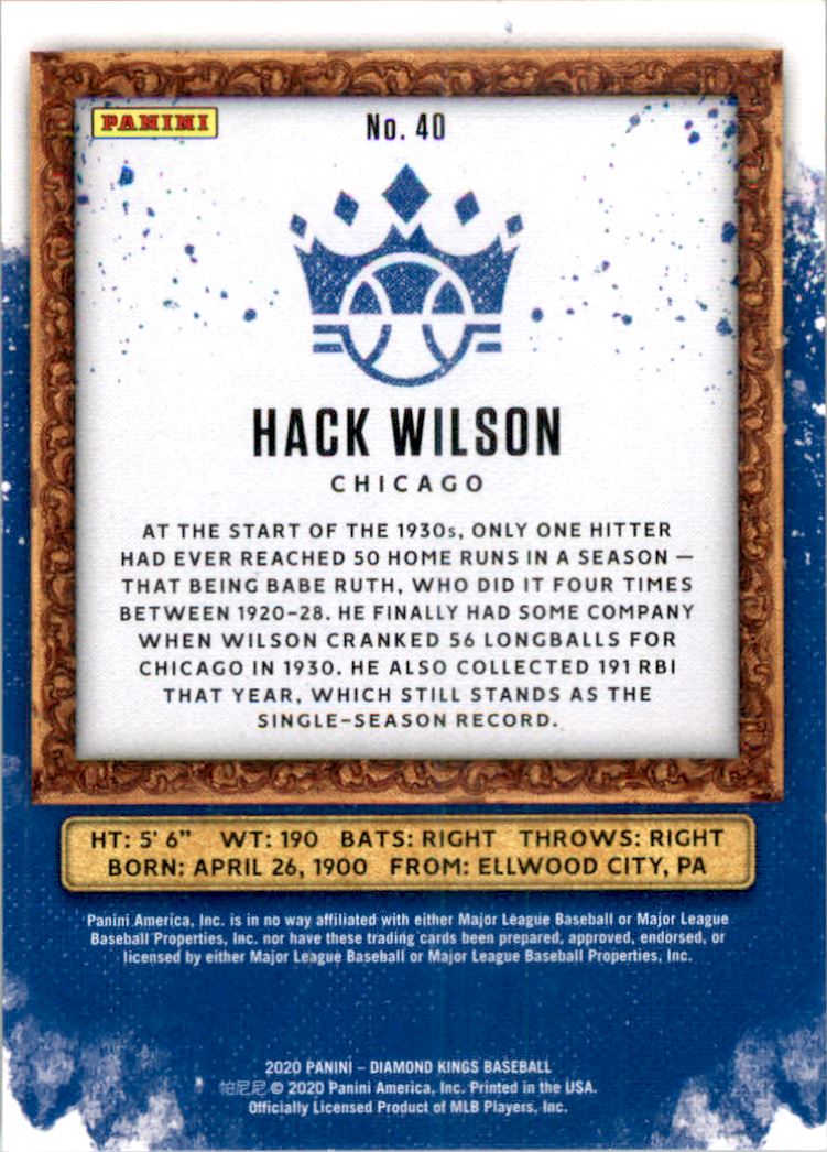 2020 Diamond Kings Plum Frame #40 Hack Wilson back image