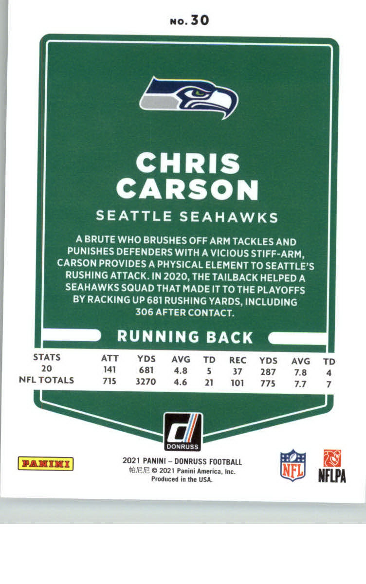 2021 Donruss #30 Chris Carson back image