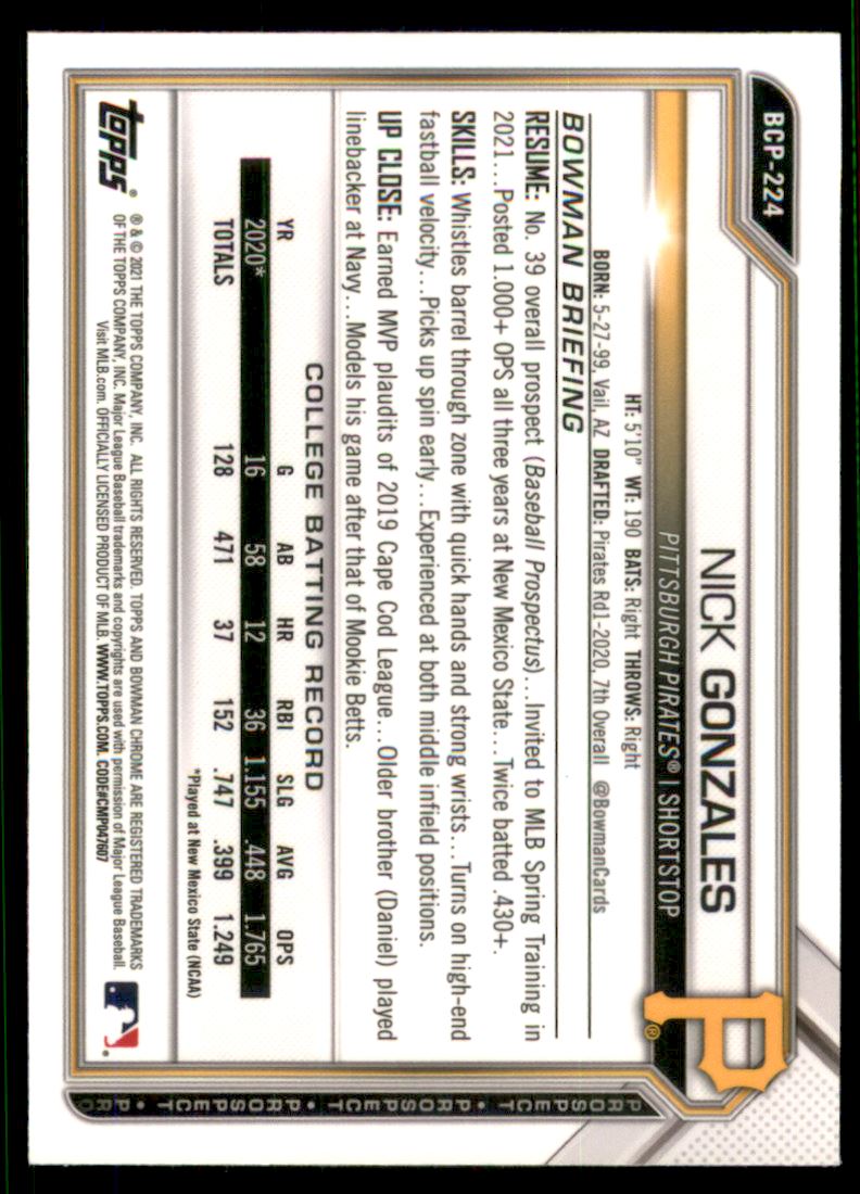 2021 Bowman Chrome Prospects #BCP224 Nick Gonzales