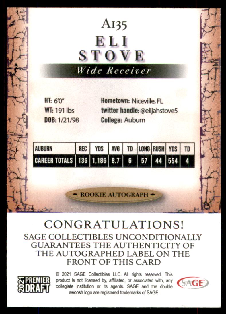 2021 SAGE HIT Autographs Black #A135 Eli Stove
