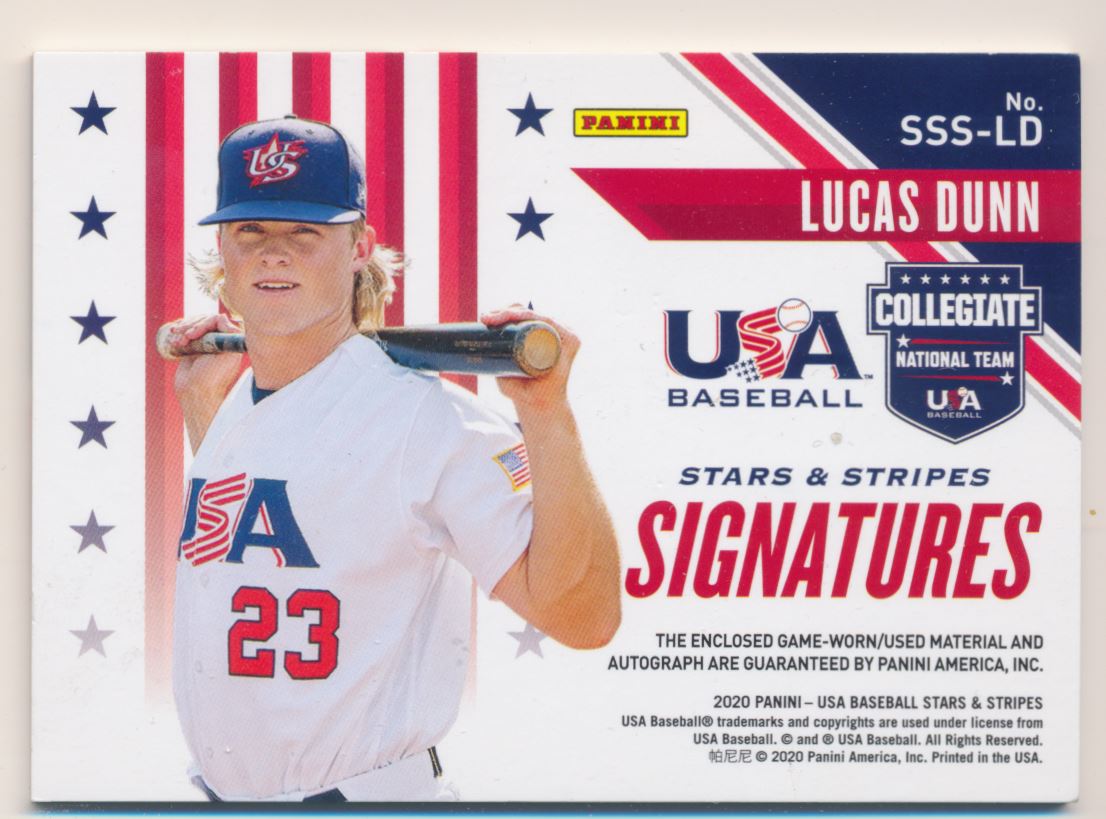 2020 USA Baseball Stars and Stripes Material Signatures #33 Lucas Dunn/399 back image