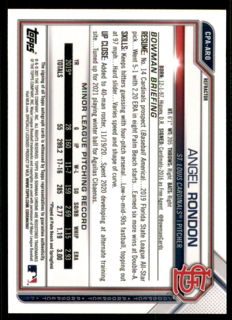 2021 Bowman Chrome Prospect Autographs Refractors #CPAARO Angel Rondon