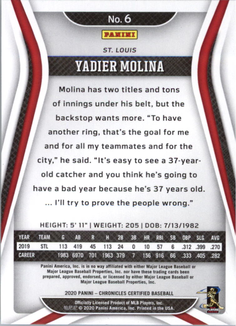 2020 Certified #6 Yadier Molina back image