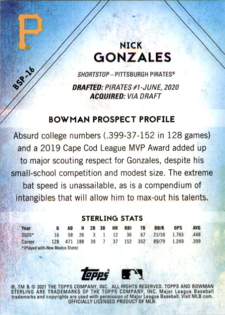 2021 Bowman Sterling Prospects #BSP16 Nick Gonzales