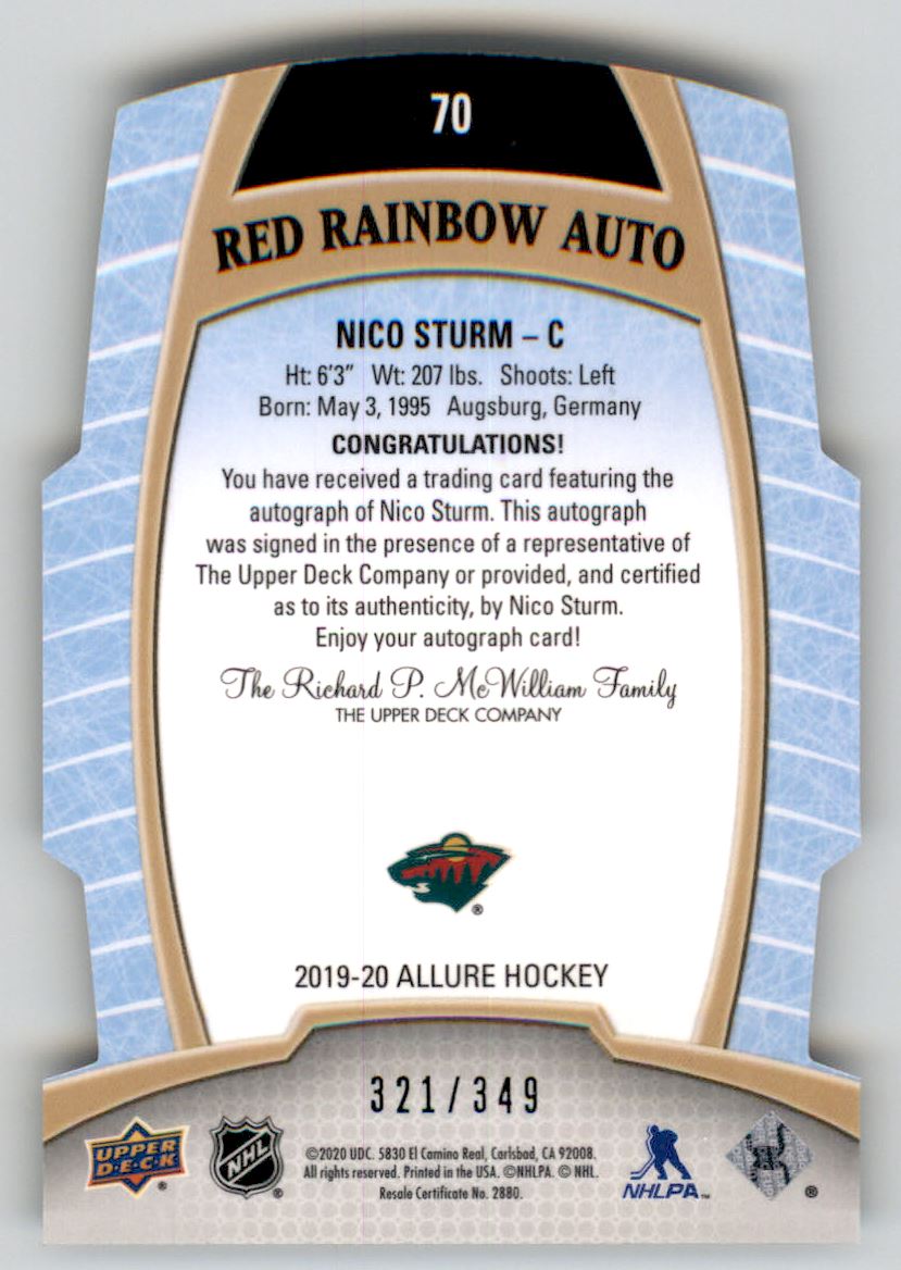 2019-20 Upper Deck Allure Autographs Red Rainbow #70 Nico Sturm/349 back image