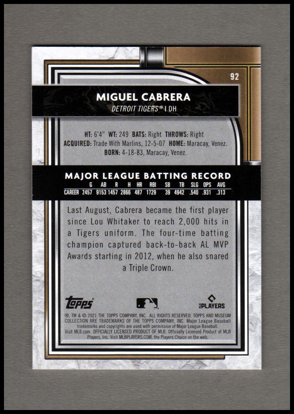 2021 Topps Museum Collection #92 Miguel Cabrera back image