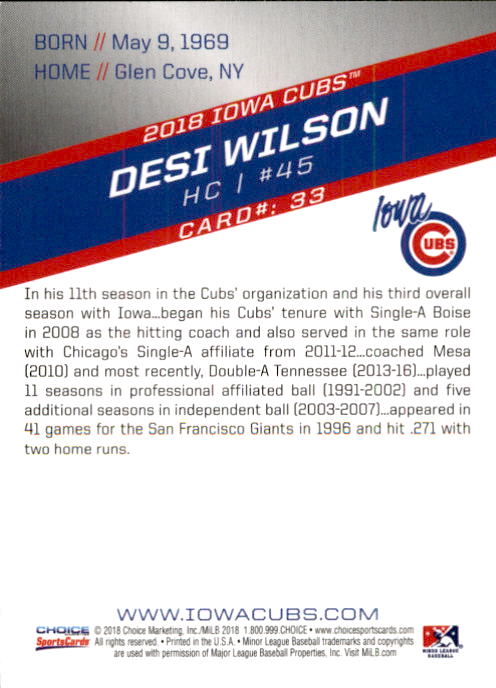 2018 Iowa Cubs Choice #33 Desi Wilson Hitting Coach Glen Cove New