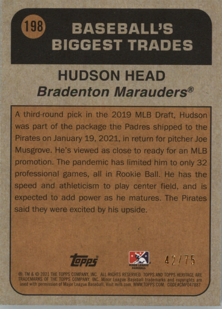 2021 Topps Heritage Minors Green #198 Hudson Head '72 TR back image